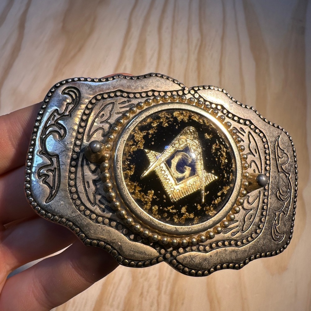 Vintage Masonic Belt Buckle Silver Gold Tone Square Compasses Western